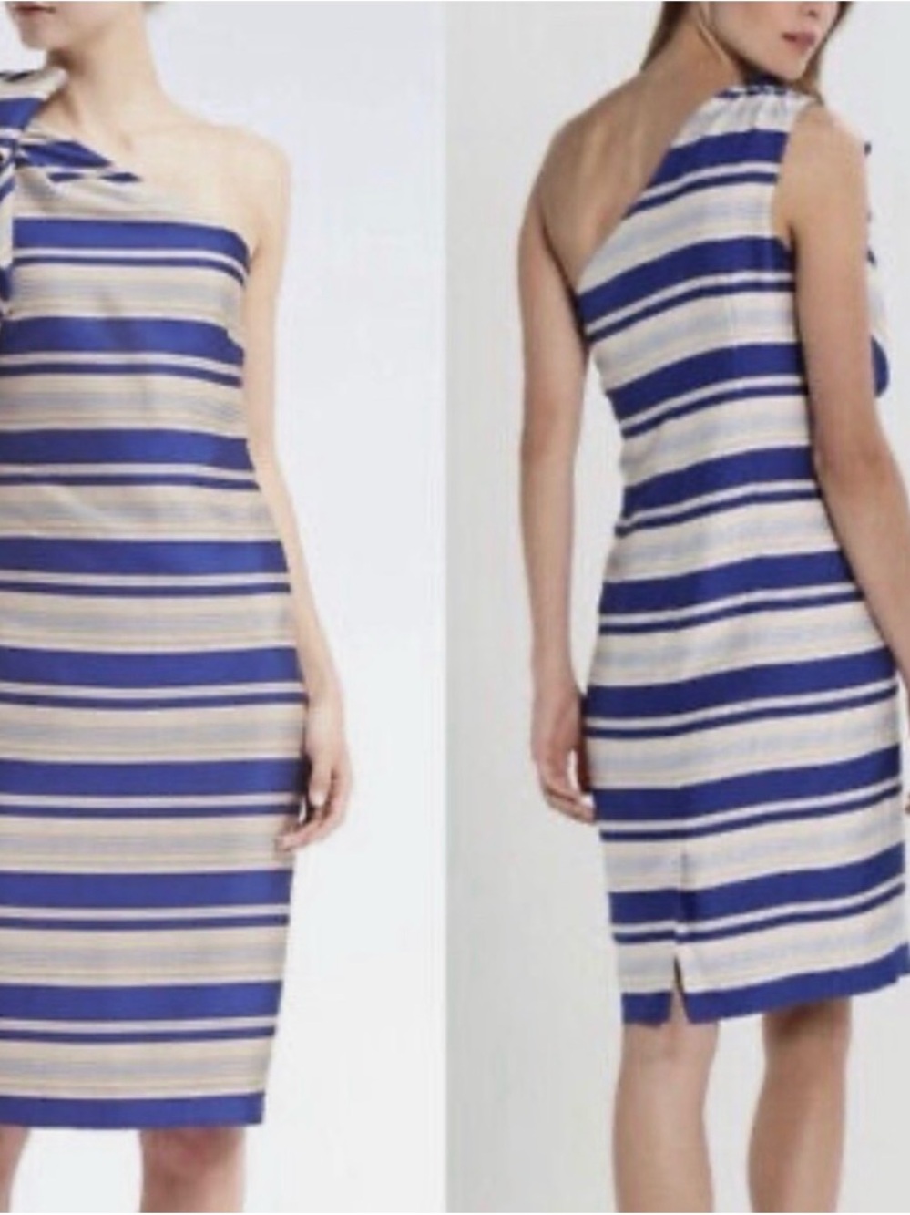 Banana Republic One-Shoulder Striped Blue and Cream Sheath Dress